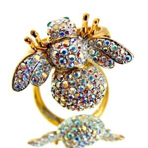 Joan Rivers Crystal Bee Ring Size 8 Aurora Borealis Statement Jewelry Figural
